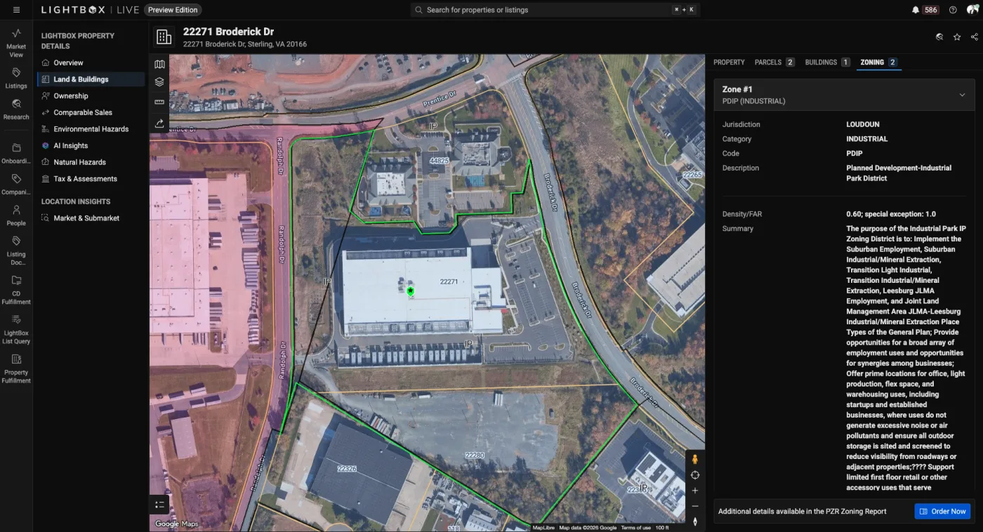 LightBox Live zoning view for 22271 Broderick Drive, with the data center campus outlined on an aerial map and the PDIP industrial zone described alongside.