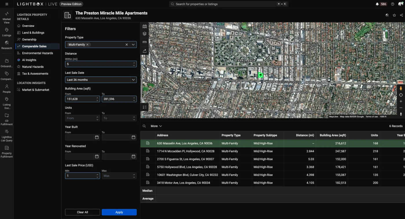LightBox Live comparable sales view for The Preston, with six multifamily comparables within five miles listed under an aerial map of the Miracle Mile.